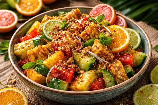 Colorful bowl of rojak salad combining fresh produce and citrus garnish