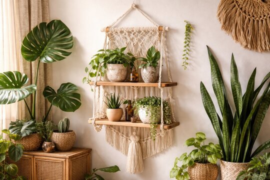 Interior with boho inspired decor and indoor plants displayed on a handmade macrame shelf hanger by a white wall