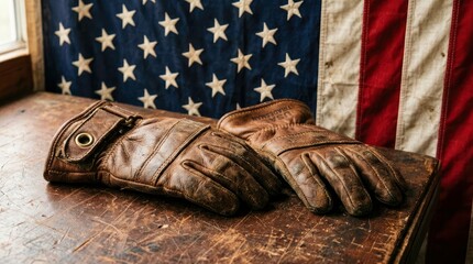 Naklejka premium Pair of old leather gloves resting on a wooden surface with American flag.