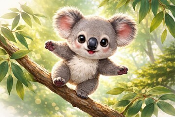 Obraz premium Adorable koala balancing on a tree limb with playful print design