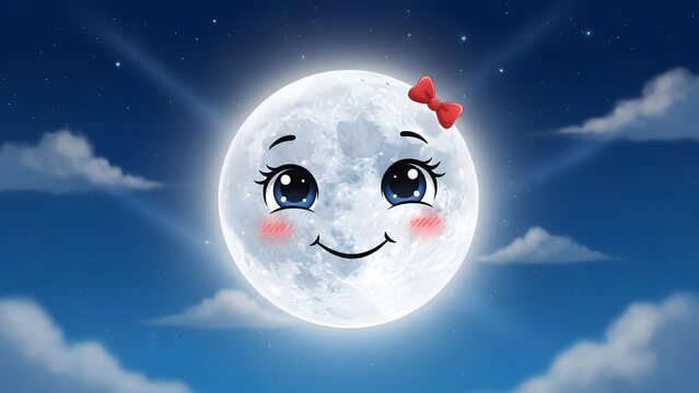 Cute cartoon moon with a red bow and blushing cheeks. Sweet dreams and nursery decor. Personified moon character smiling in a blue starry night sky with soft clouds