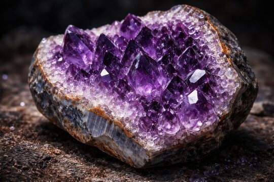 High resolution image of a raw amethyst geode with intricate crystal formations