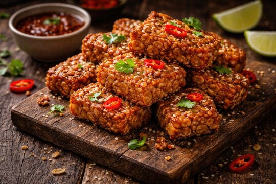 Crispy fried tempeh served on a rough wooden surface