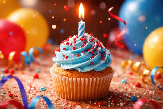 Blue frosted cupcake featuring a lit candle and vibrant red sprinkle toppings