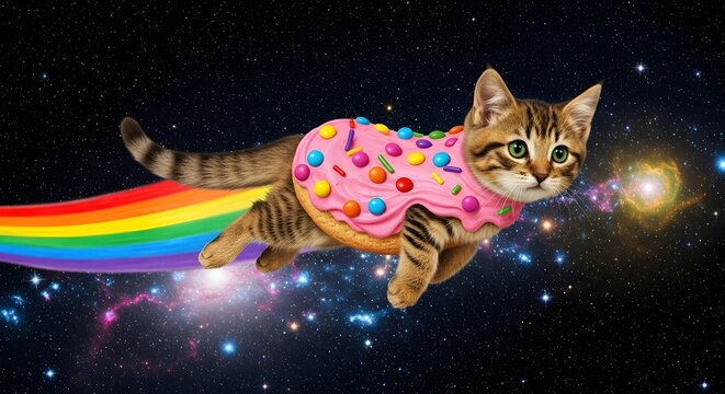 Cat wearing a donut costume flying through space. Humor and internet culture. Tabby kitten with a pink sprinkled donut outfit leaving a rainbow trail in the galaxy