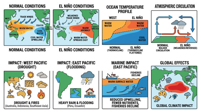 Detailed infographic explaining the El Ni&ntilde;o Southern Oscillation (ENSO) phenomenon, its oceanic changes, atmospheric circulation, and significant worldwide environmental impacts.