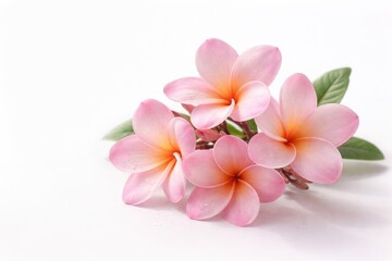 Fototapeta premium Elegant pink plumeria bloom displayed on a plain white background with copy space