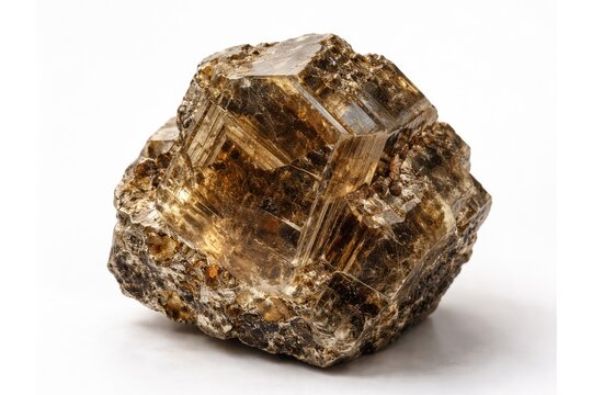 Isolated phlogopite mineral crystal close up from earth sample on white studio backdrop