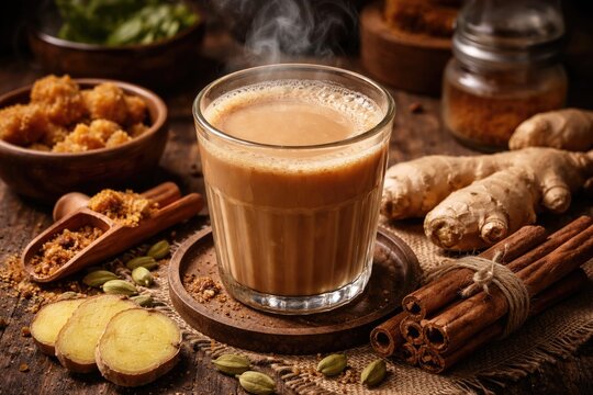 Invigorating jaggery chai featuring cinnamon cardamom and fresh ginger roots