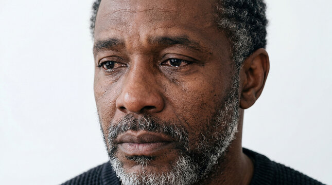 Close-up Portrait of a Grieving Mature African American Man with Tears in His Eyes, Expressing Deep Sadness and Loneliness on a White Background