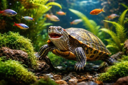 Joyful red eared terrapin pet navigating a flourishing aquarium environment with colorful fish and greenery
