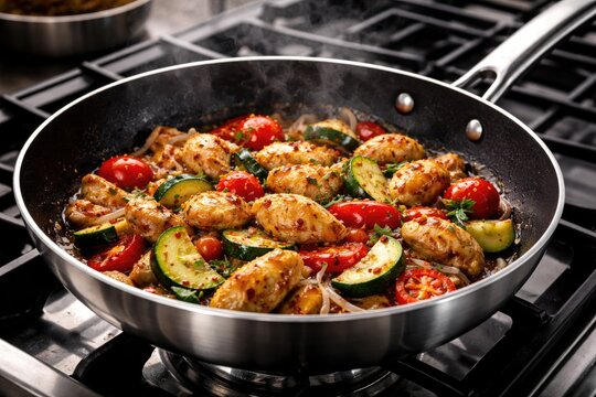 Black Teflon coated silver pan frying food cooking