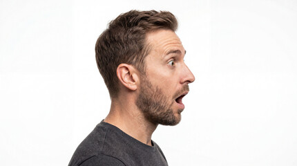 Fototapeta premium Profile View of Surprised Man with Open Mouth and Shocked Expression, Studio Portrait on White Background, Amazed Caucasian Male with Beard