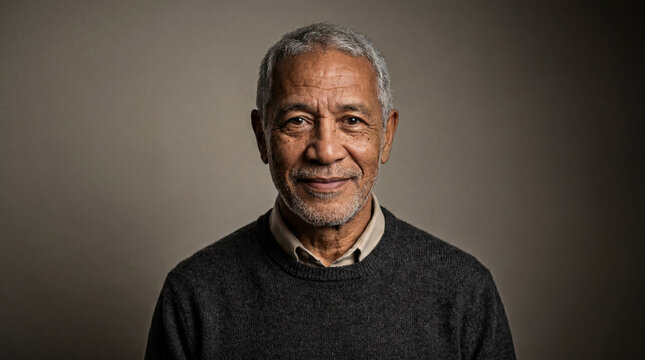Authentic Portrait of a Dignified Senior Man with Salt-and-Pepper Hair and Beard, Wearing a Knitted Sweater against a Dark Studio Background