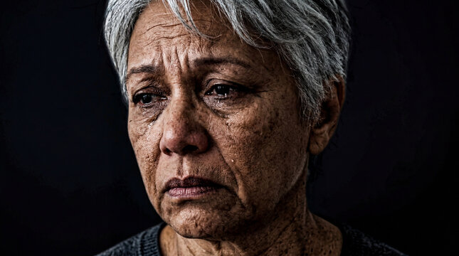 Close-up Portrait of an Elderly Woman Crying with Tears, Deep Wrinkles, and Grey Hair, Expressing Sadness and Grief on a Solid Black Background