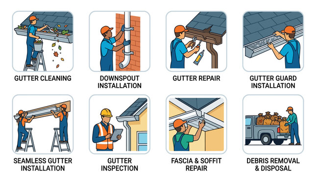 A comprehensive set of professional gutter services illustrations, including cleaning, repair, and installation, for home maintenance needs.