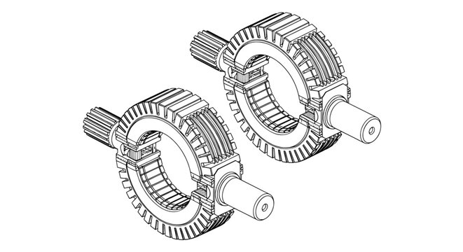 Mechanical gear and spline shaft assembly technical drawing
