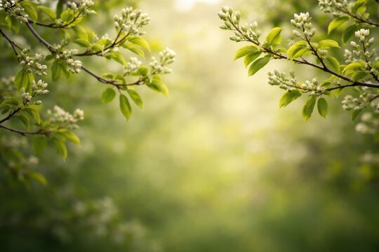 High detail texture backdrop of serviceberry branches in spring with young leaves and flower buds plus copy space for text