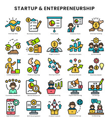 Fototapeta premium Set of 25 startup & entrepreneurship icons lineal color editable including startup idea, business planning, pitch deck, investor funding, venture capital, business growth, leadership, marketing, UX