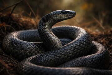 Fototapeta premium A dramatic view of a black mamba coiled in the wild showing its sharp head