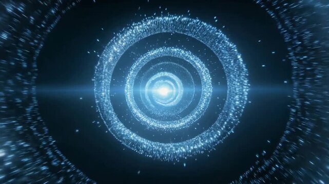 Abstract blue neon light tunnel with glowing particles and spiral motion