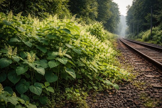 Japanese knotweed plant species invading railway side habitats