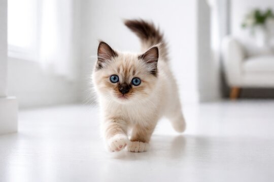 Energetic Birma kitten exploring a pristine white space