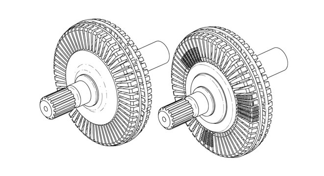 Spline shaft and gear technical drawing illustration for engineering
