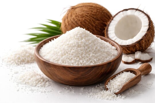 Close up of desiccated coconut powder in wooden bowl with whole coconuts and shredded coconut isolated on white background with copy space