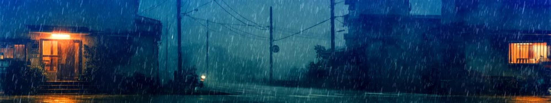 Rainy Japanese Residential Street at Night with Warm Window Lights and Cold Blue Atmosphere