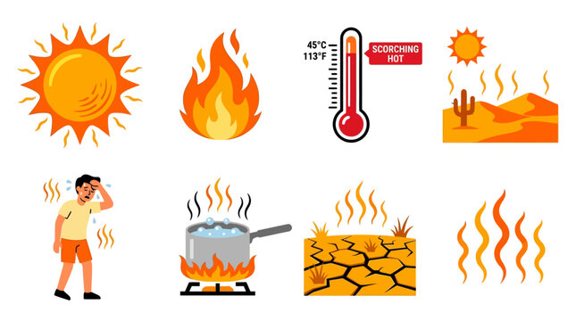 Collection of illustrations depicting extreme heat, scorching sun, desert landscapes, and effects of high temperatures