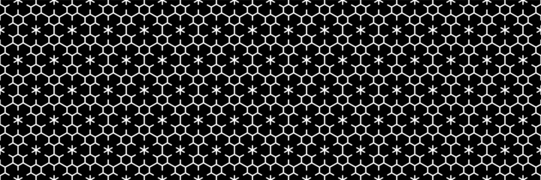 horizontal seamless white hexagon and asterisk on black for background.