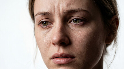 Obraz premium Close-up Portrait of a Crying Young Woman with Tears on Her Cheeks, Expressive Green Eyes and Sad Facial Expression, Dramatic Studio Lighting