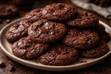 Obraz premium Homemade rich chocolate brownie cookies piled on a plate
