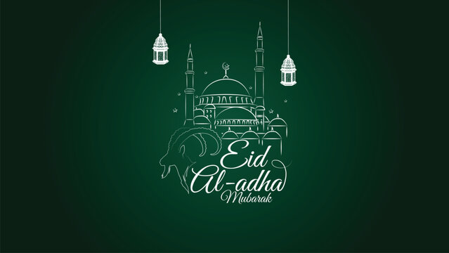 Eid al adha mubarak green background featuring mosque line art and sacrificial animal sketch for islamic holiday card design with white lanterns and calligraphy for spiritual celebration greeting.
