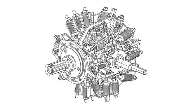 Radial engine technical drawing of a vintage aircraft motor
