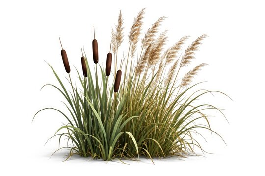 Cutout bulrush and reed grass plants clipped on white background for design use