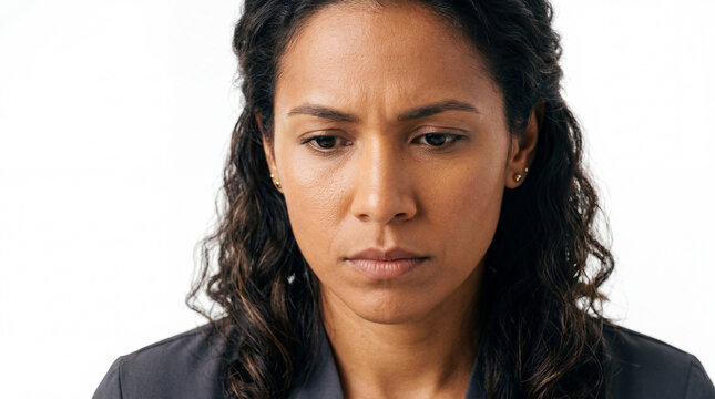 Close-up Portrait of a Concerned Mature Woman Looking Down with Pensive Expression, Studio Shot on White Background, Mental Health and Stress Concept