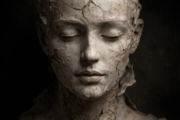 Fototapeta premium Cracked plaster art piece showing calm human visage with intricate texture on dark backdrop