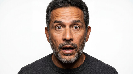 Obraz premium Close-up Portrait of a Shocked Mature Hispanic Man with Expressive Wide Eyes and Open Mouth, Surprised Middle-Aged Male Headshot on White Background