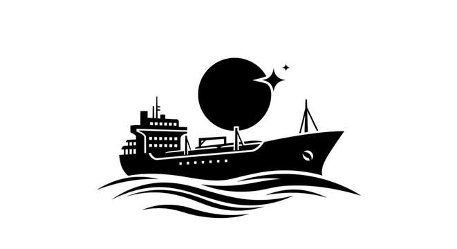 Ship silhouette sailing on ocean waves with moon and stars
