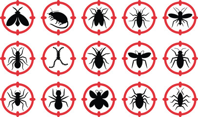 Pest control. Insects icon set with insect repellent label product and isolated forbidding warning signs of harmful insects and rodents for safety design use. © Dalim 6