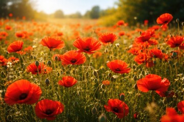 Fototapeta premium Lush field of bright poppies thriving in the heat of a summer day