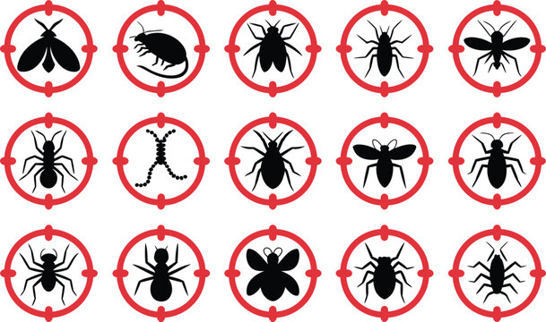 Pest control. Insects icon set with insect repellent label product and isolated forbidding warning signs of harmful insects and rodents for safety design use.