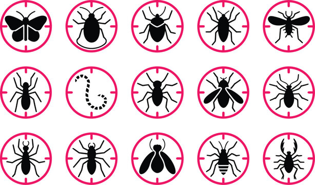 Pest control. Insects icon set featuring insect repellent label product with isolated warning and prohibition signs of harmful insects and rodents for packaging and commercial graphics.
