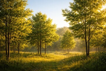 Fototapeta premium Lush young deciduous trees basking in soft golden light under a clear sky