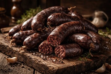 Fototapeta premium Heap of rich blood sausages resting on weathered wood
