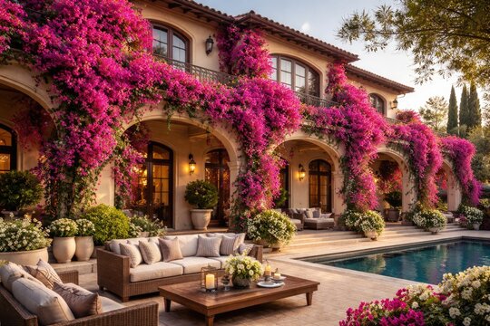 Full bloom Bugambilia vines enhancing luxury estate outdoor spaces