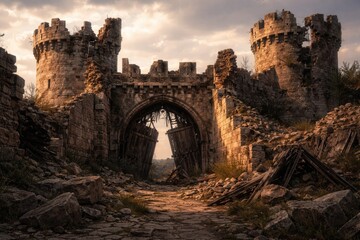 Obraz premium Old fortress remnants displaying fractured battlements and collapsed gates