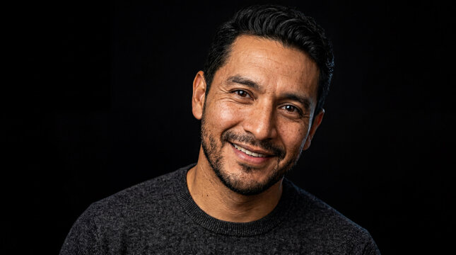 Close-up Studio Portrait of a Smiling Hispanic Man with Beard and Textured Grey Sweater, Dramatic Lighting on Black Background, Cinematic Headshot